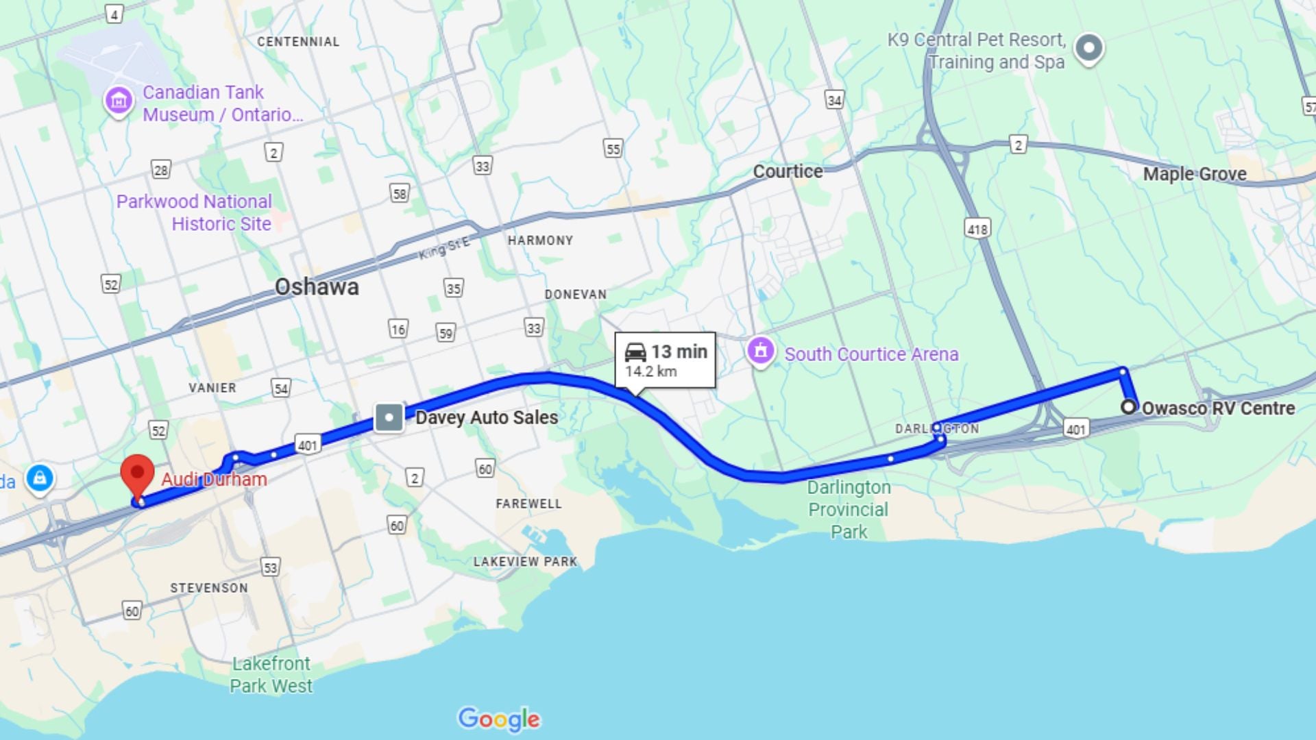 map from clarington to audi durham
