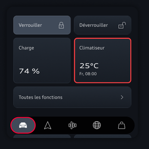 L’onglet Véhicule est surligné dans le coin inférieur gauche, et l’information sur la climatisation, au centre droit. 