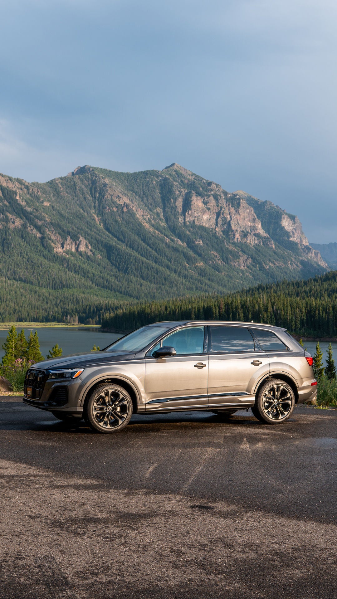 Audi vehicles parked near mountains. 