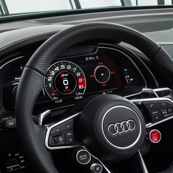 Close-up of the virtual cockpit in the Audi R8 Coupe.