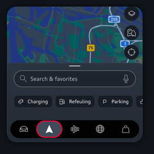 Navigation screen displayed. A map is on top, Navigation tab is highlighted towards the left of bottom center.