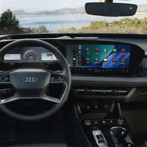 Close-up of the wraparound virtual cockpit in the Audi A6 Sportback e-tron. 