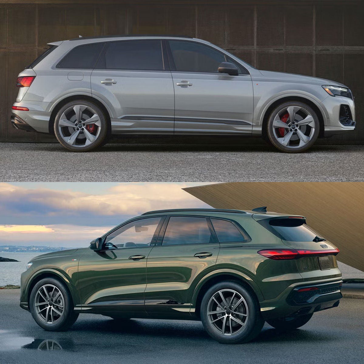 Top: Exterior of the Audi Q7, Bottom: Exterior of the Audi Q5