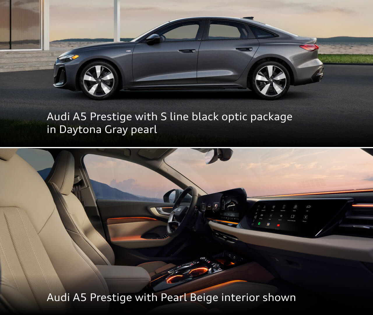 Side profile and interior shot of a 2026 Audi A5 Prestige