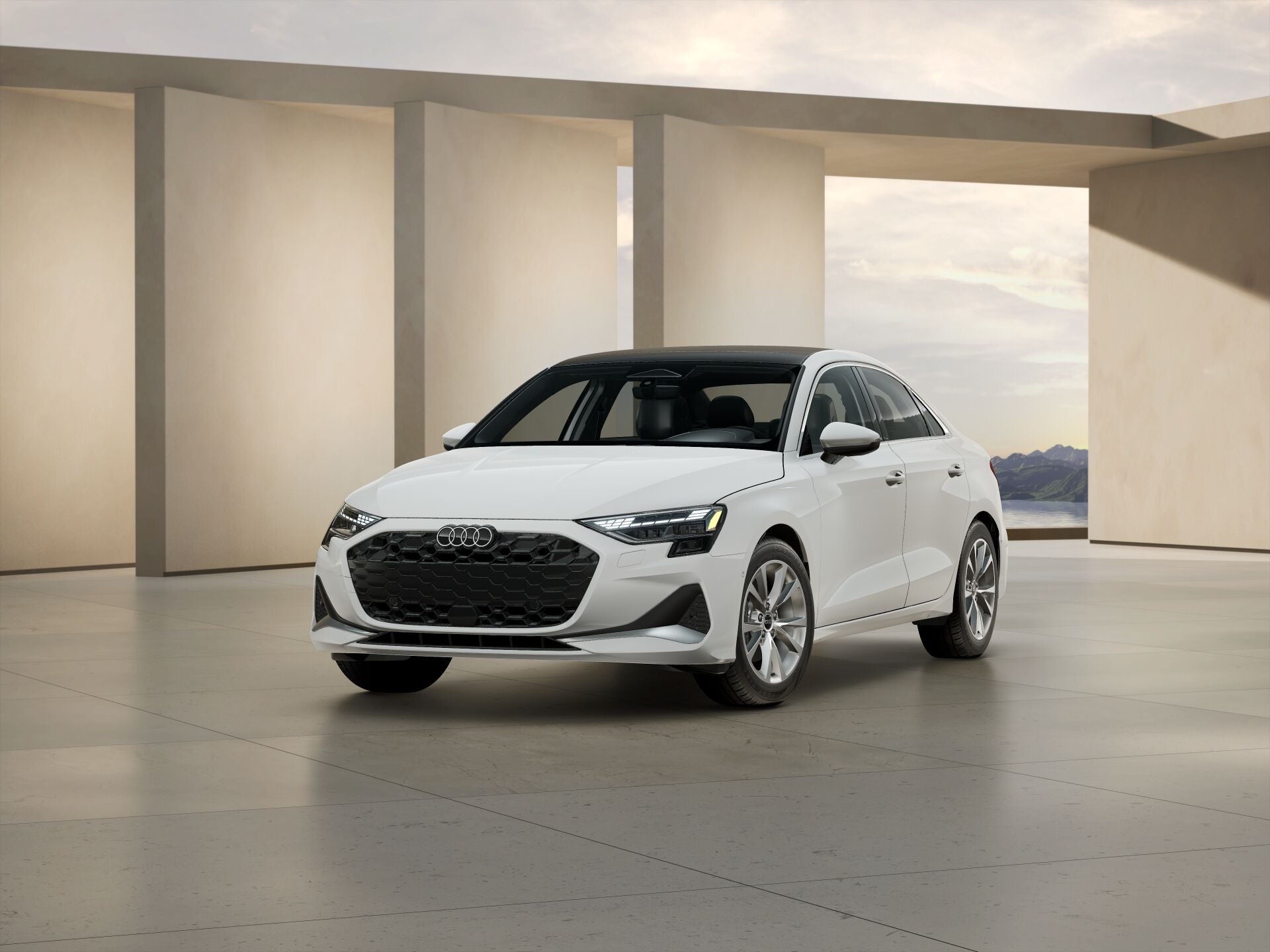 2026 Audi A3 Premium trim level computer rendering in a modern building with mountains in the background