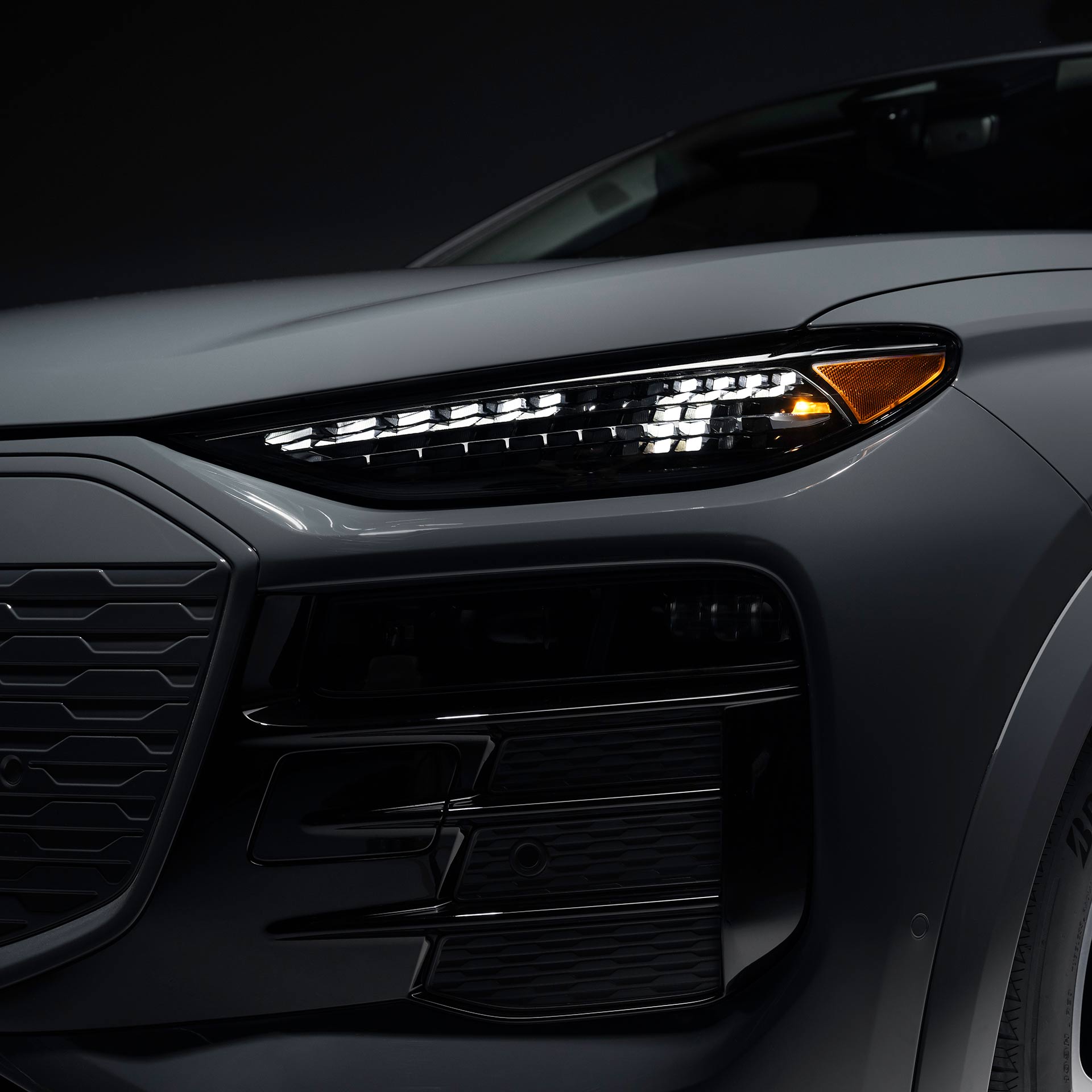 Close-up of the front bumper of the Audi Q8 e-tron. 