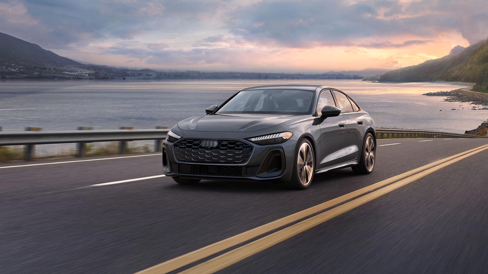 Rear profile of an Audi A5 parked. 