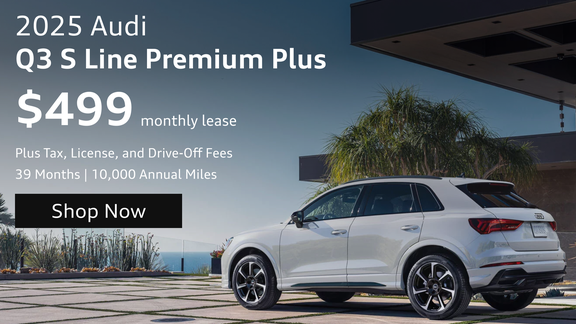 A marketing banner for a 2025 Audi Q3 S Line Premium Plus lease, featuring a white SUV parked on a modern tile patio overlooking a coastal landscape. Text shows a $499 per month lease for 39 months with 10,000 annual miles, plus tax, license, and drive-off fees, with a 'Shop Now' button.