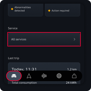 The vehicle tab is highlighted bottom left of the image while the All services button is highlighted in the center.