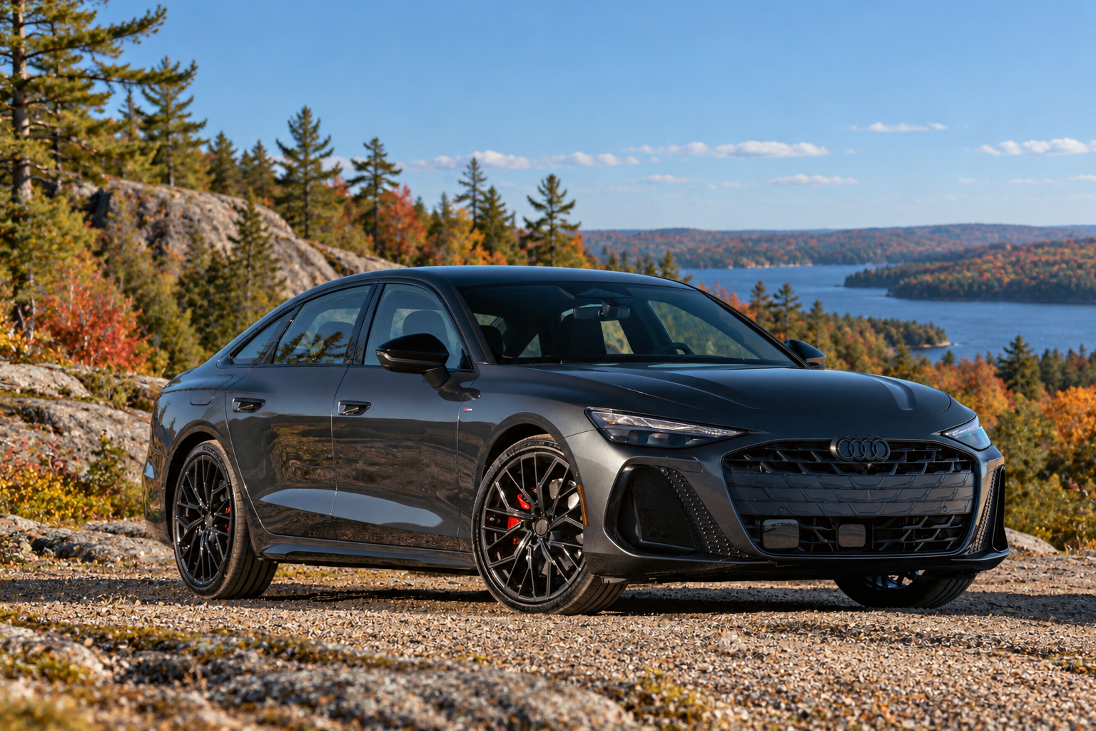 2026 Audi A6 sedan, static shot, three-quarters front perspective, Daytona grey metallic