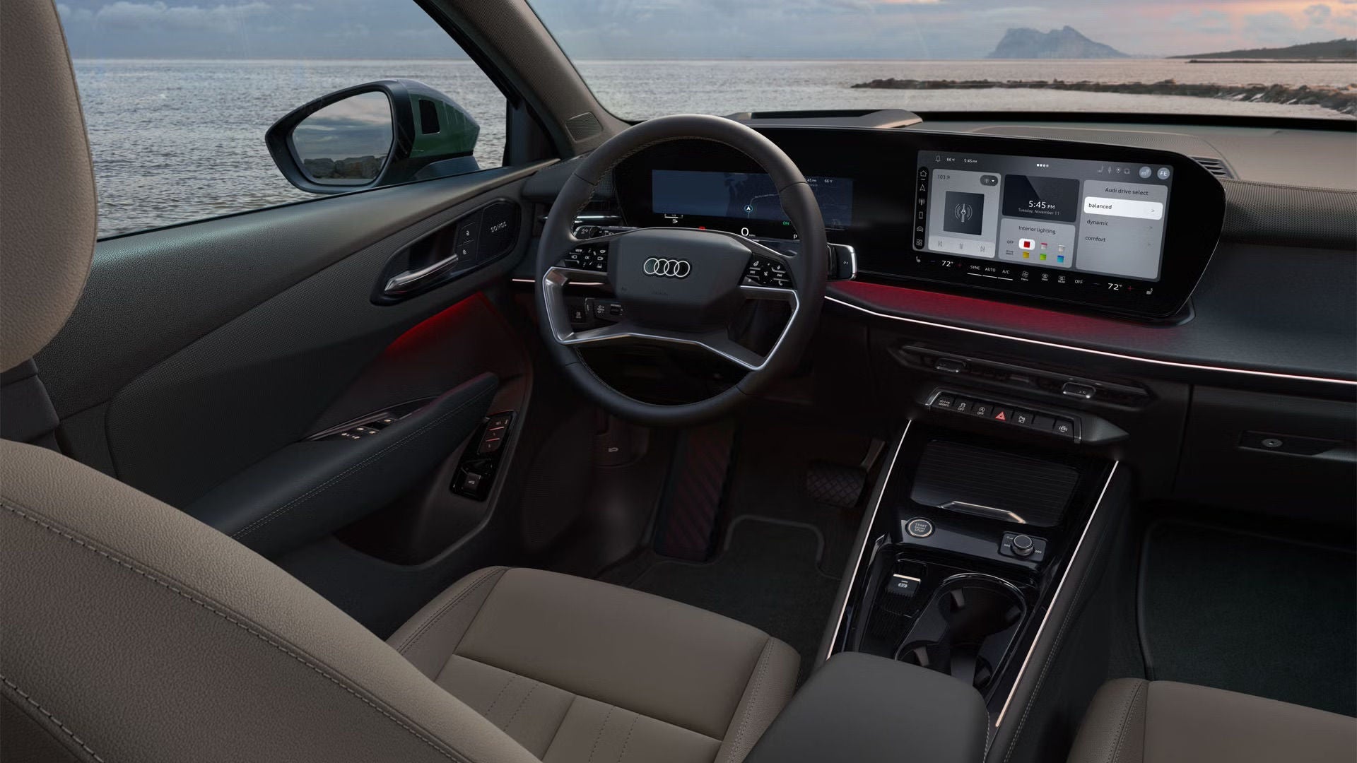 Interior view of an Audi Q3 SUV parked.