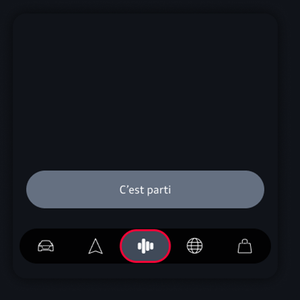 Écran de l’application avec le bouton central inférieur mis en évidence sous le bouton Commencer (Let’s go). 