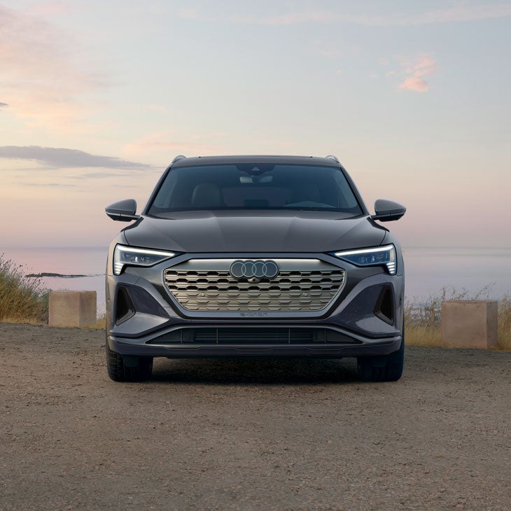 Front view of a gray Audi Q8 e-tron, lit up by the Singleframe projection light.