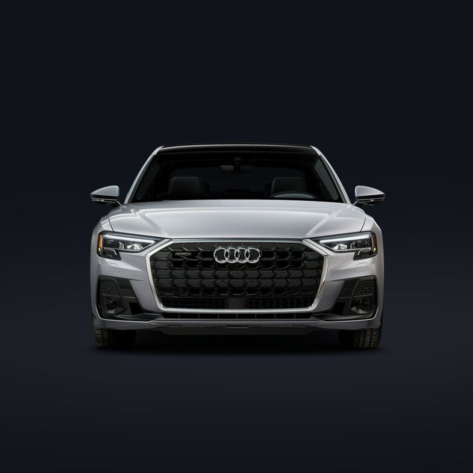 2026 Audi A8 head-on front, Florett Silver.