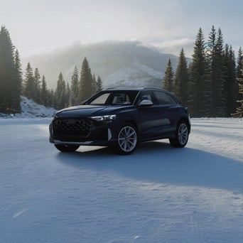 Audi Q8 equipped with winter tires parked on a snow-covered road