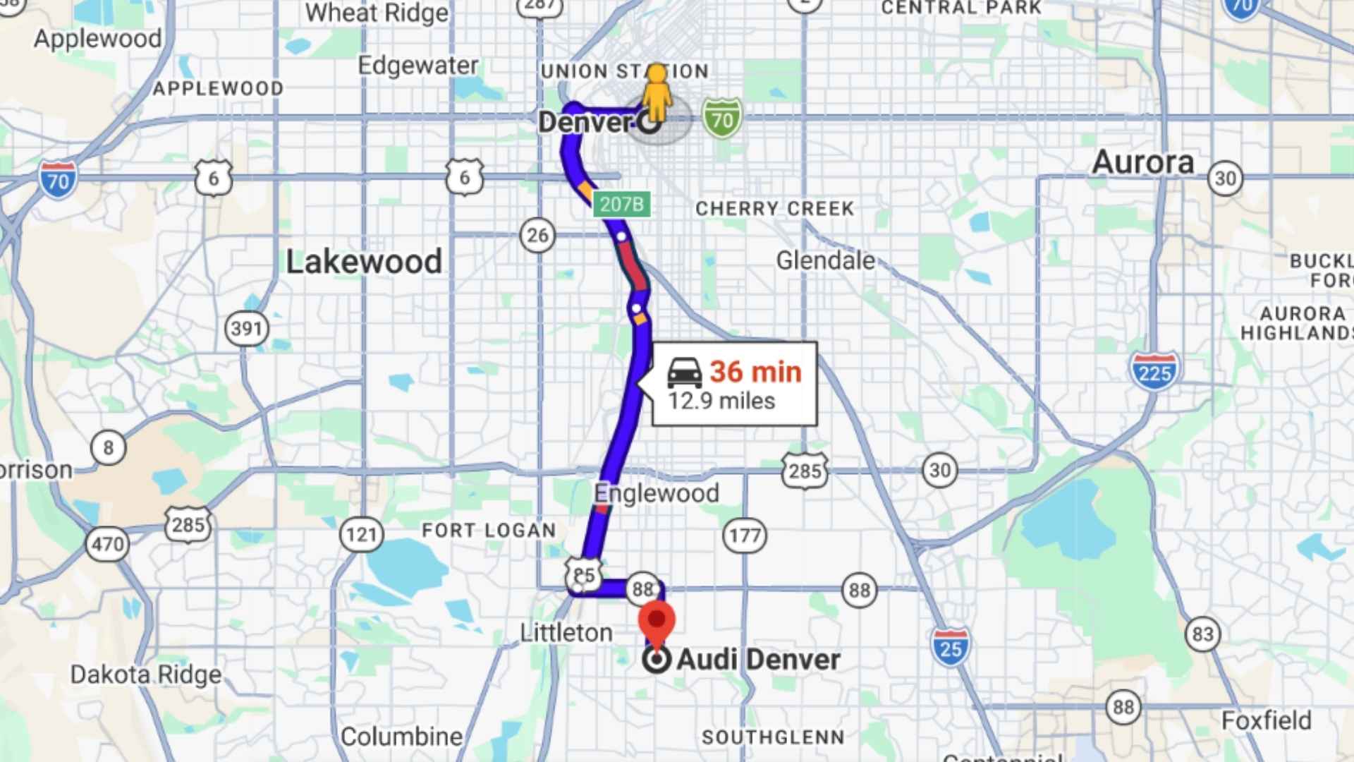 Route 2: I-25 South (faster from west Denver, or during off-peak hours)