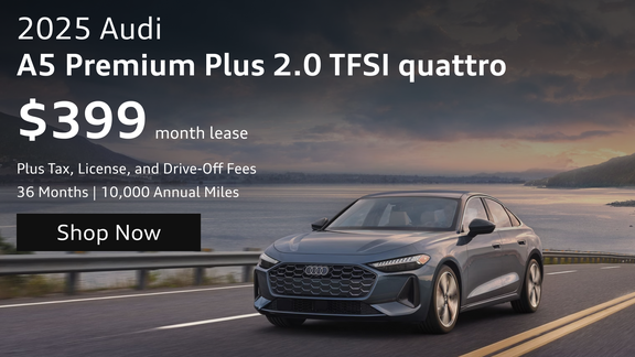 2025 Audi Q5 Premium SUV parked in a modern architectural setting with monthly lease offer shown