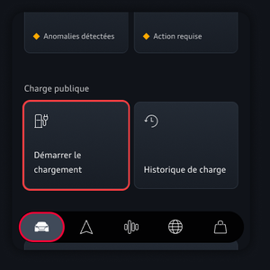 L’image met en évidence l’onglet Véhicule dans le coin inférieur gauche de l’application ainsi que le bouton de démarrage de la recharge dans le coin supérieur gauche. 