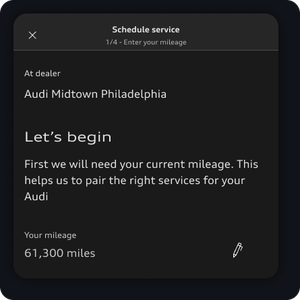 The app displays the information requested by select dealers to continue the schedule process.