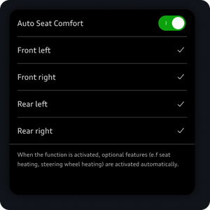Additional options are listed  related to Auto Seat comfort and toggles for each seat.