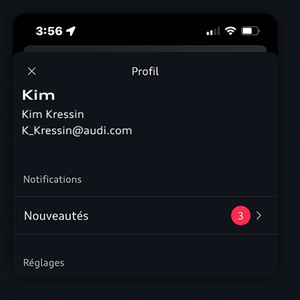 Image du profil affichant le nom, l’adresse courriel, les notifications et les paramètres. 