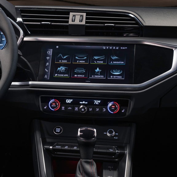 Close-up of the MMI touch display system in the Audi Q3. 