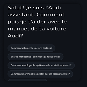 The screen shows various preset Audi Assistant questions such as: "How can I clean my windshield wipers?."