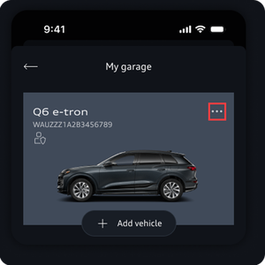 Option menu visualized as 3 dots highlighted top right in the digital garage.