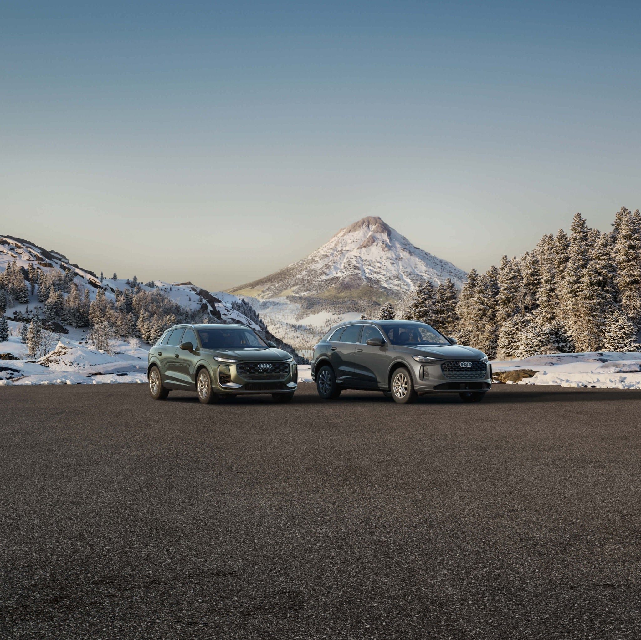 Pack shot of a Q3 and Q5 side by side parked.