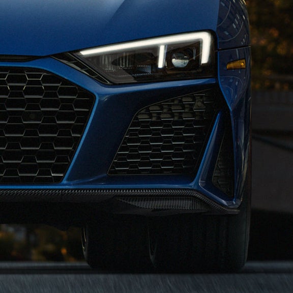 Close-up of the LED headlight on the Audi R8 Coupe.